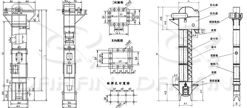 TD/D型斗式提升機(jī)基本結(jié)構(gòu):機(jī)頭蓋，機(jī)頭座，減速電機(jī)，直管，底座，緊張裝置等。