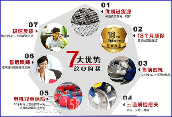大漢食品振動(dòng)篩的7大優(yōu)勢(shì)：優(yōu)質(zhì)進(jìn)貨源，售后跟蹤，售前試機(jī)等。