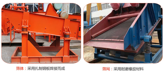 礦用振動(dòng)篩特點(diǎn)：篩體采用扎制鋼板焊接而成，篩網(wǎng)采用耐磨橡膠材質(zhì)
