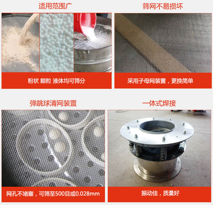 食品振動(dòng)篩特點(diǎn)：1，效率高？：效率高，設(shè)計(jì)精巧耐用，任何粉類，粘液軍可篩分。2，操作簡(jiǎn)單采用優(yōu)質(zhì)材料，換網(wǎng)容易，操作簡(jiǎn)單，清洗方便。3，網(wǎng)孔不堵塞粉末不飛揚(yáng)，可篩至500目或0.028mm4，精細(xì)做工產(chǎn)品經(jīng)過(guò)嚴(yán)格加工程序，做工精細(xì)美觀耐用。5，獨(dú)特網(wǎng)架設(shè)計(jì)篩網(wǎng)使用時(shí)間長(zhǎng)久，換網(wǎng)只需3-5分鐘。