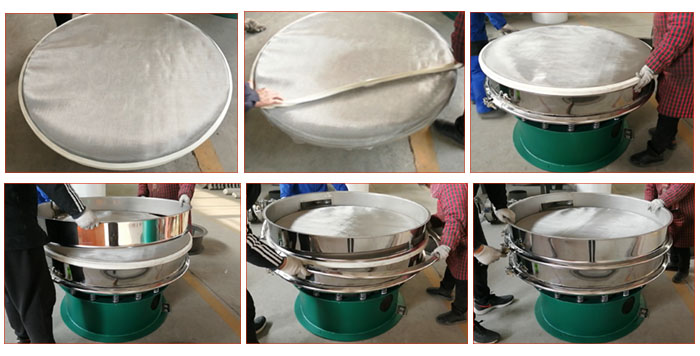 食品振動(dòng)篩網(wǎng)安裝步驟3，將密封圈安裝到網(wǎng)架周圍，將篩框放到網(wǎng)架上，并利用束環(huán)將上下兩層篩框固定在一起。