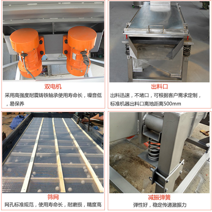 線振動篩配件優(yōu)勢：雙電機采用高強度耐震鑄鐵軸承使用壽命長，噪音低，易保養(yǎng)，出料口：出料迅速，不堵口，可根據(jù)客戶需求定制標準機器出料口離地距離500mm。篩網(wǎng)：網(wǎng)孔標準規(guī)范，使用壽命長，耐磨損，精度高。減震彈簧彈性好，穩(wěn)定傳遞激振力。