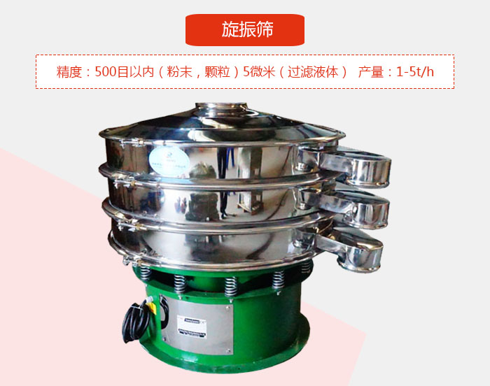 旋振篩精度：500目以內(nèi)（粉末，顆粒）5微米（過(guò)濾液體）產(chǎn)量：1-5t/h