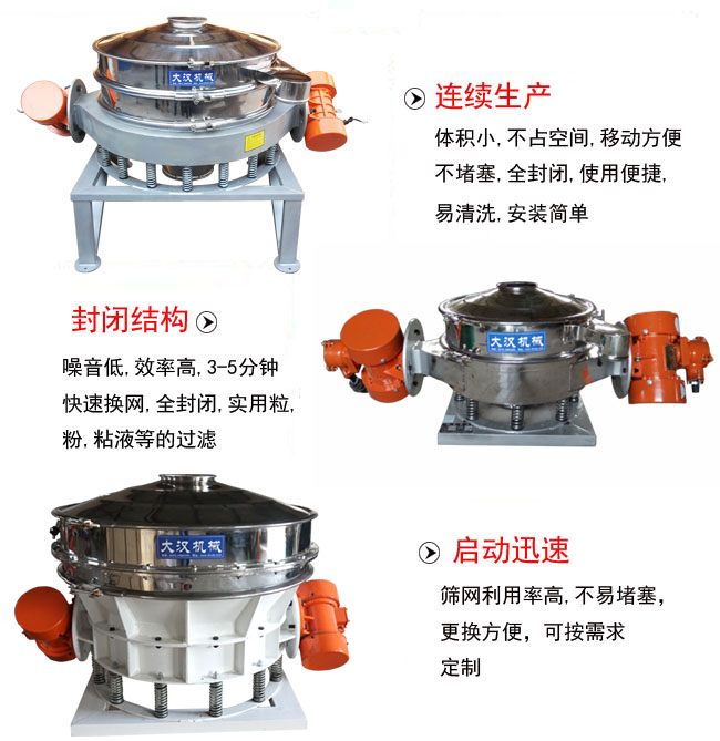直徑1000mm直排篩特點(diǎn)：連續(xù)生產(chǎn)：體積小，不占空間，移動方便，不堵塞，全封閉，使用便捷，易清洗，安裝簡單。封閉結(jié)構(gòu)：噪音低，效率高，3-5分鐘，快速換網(wǎng)，全封閉，實(shí)用粒，粉粘液等的過濾。啟動迅速：篩網(wǎng)利用率高，不易堵塞，更換方便，可按需求定制。