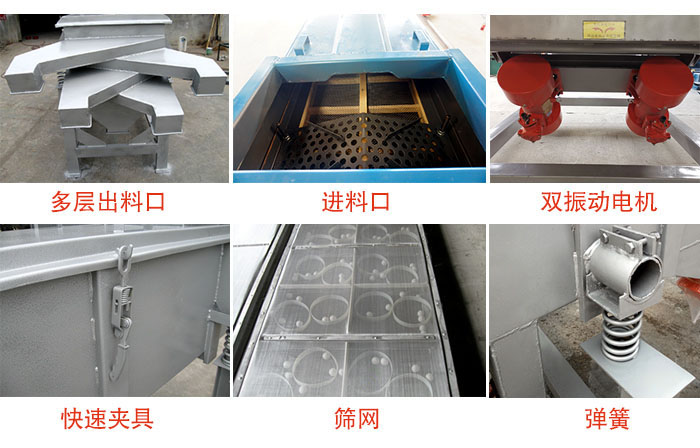 多層直線振動(dòng)篩出料口，篩網(wǎng)，彈簧，快速夾具，振動(dòng)電機(jī)等