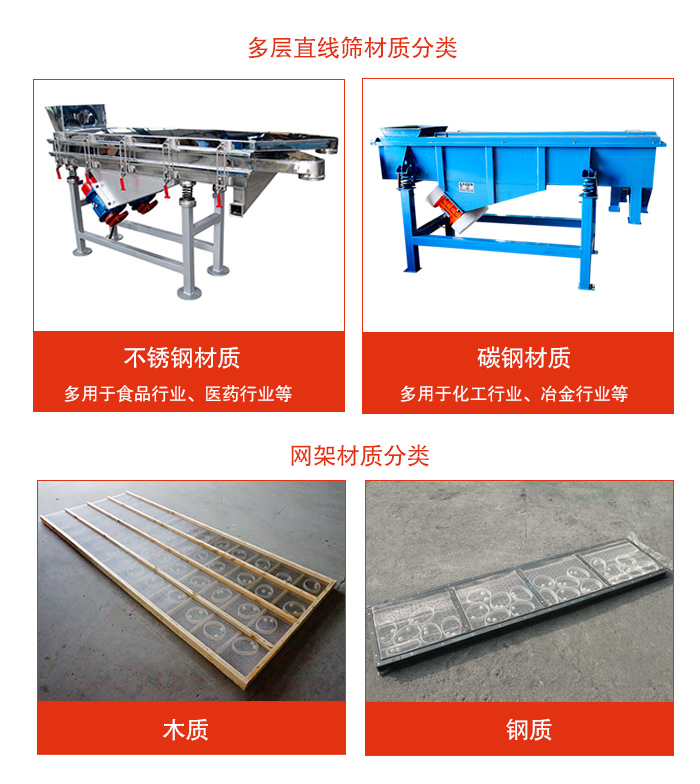 多層直線振動(dòng)篩材質(zhì)有：不銹鋼，碳鋼；網(wǎng)架材質(zhì)有木質(zhì)，鋼質(zhì)等。