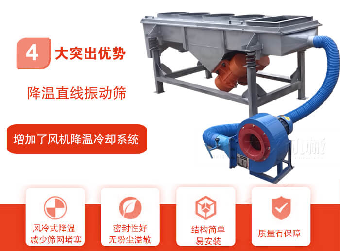 降溫直線振動(dòng)篩性能特點(diǎn)：1，技術(shù)成熟，質(zhì)量可靠，篩分精度高，處理量大。2，風(fēng)冷式降溫系統(tǒng)設(shè)計(jì)，快速有效降溫。3，適用范圍廣，可應(yīng)用于各種需要降溫的物料。4，設(shè)計(jì)精巧合理，結(jié)構(gòu)簡單，易安裝，耗能少，噪音低5，篩網(wǎng)使用壽命長，換網(wǎng)更方便，快捷6，設(shè)備整體密封性好，無粉塵溢散。