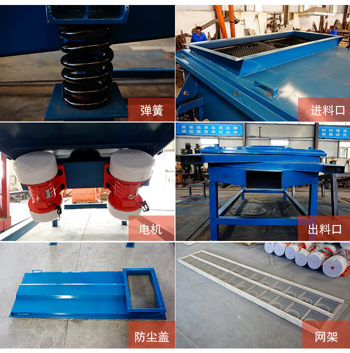 1035直線振動篩細(xì)節(jié)展示：出料口，振動彈簧，振動電機(jī)，進(jìn)料口。