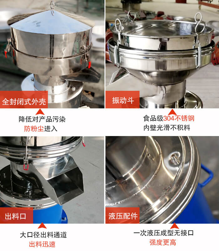 450過濾篩機(jī)結(jié)構(gòu)組成：全封閉式外殼設(shè)計(jì)：對產(chǎn)品的污染低，防塵粉進(jìn)入電機(jī)內(nèi)部延長設(shè)備壽命。振動(dòng)斗：食品304不銹鋼篩斗，內(nèi)壁光滑不存在積料現(xiàn)象。出料口，大口徑出料通道，出料迅速，提高工作效率。液壓配件：一次液壓成型無接口強(qiáng)度更高。