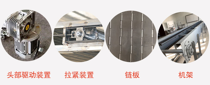 鏈板輸送機(jī)結(jié)構(gòu)：頭部驅(qū)動(dòng)裝置，拉緊裝置，鏈板，機(jī)架等圖片展示