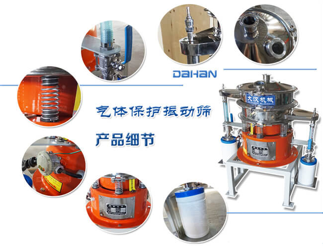 氣體保護振動篩細節(jié)：振動彈簧，手動閥門，料罐等。